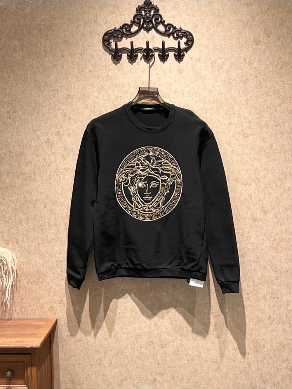 Versace Black Crewneck Sweater with Gold Medusa Emblem